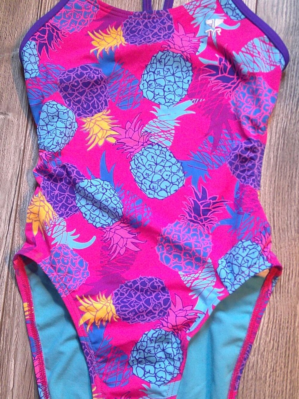 "TYR" 1-Pc Performance SWIMSUIT CutOutFit DURAFAST in Bold Pineapples Woman 28